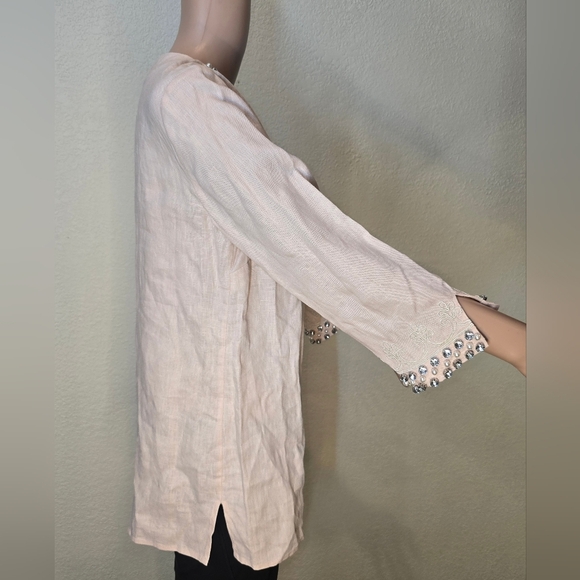 Brooks Brothers pink Linen embellished, pearls rhinestones tunic 8 woman top - Picture 9 of 13